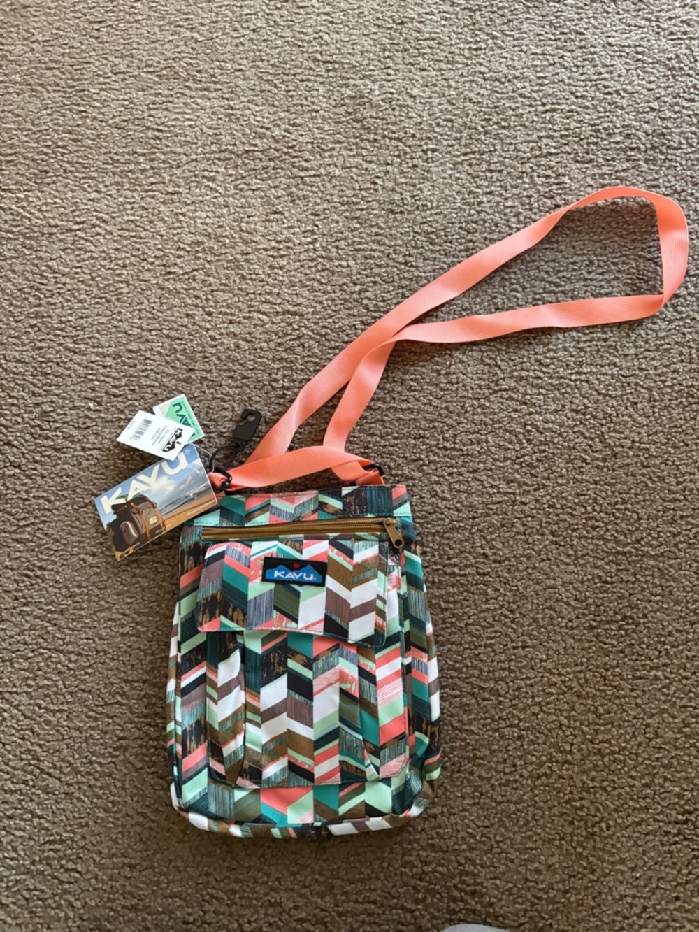 Kavu Chevron Print Crossbody Bag with Coral Strap